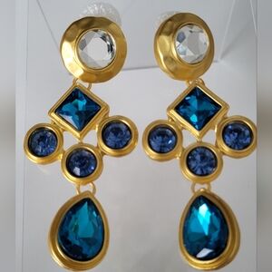 Gorgeous Matted Goldtone and Blue Drop Rhinestone Dangle  Earrings